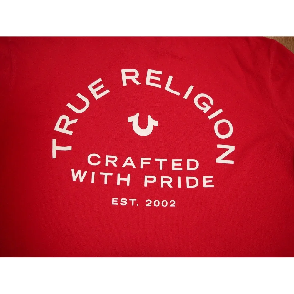 True Religion Mens Red Short‎ Sleeve Polo Shirt Horseshoe Logo Graphic XL
